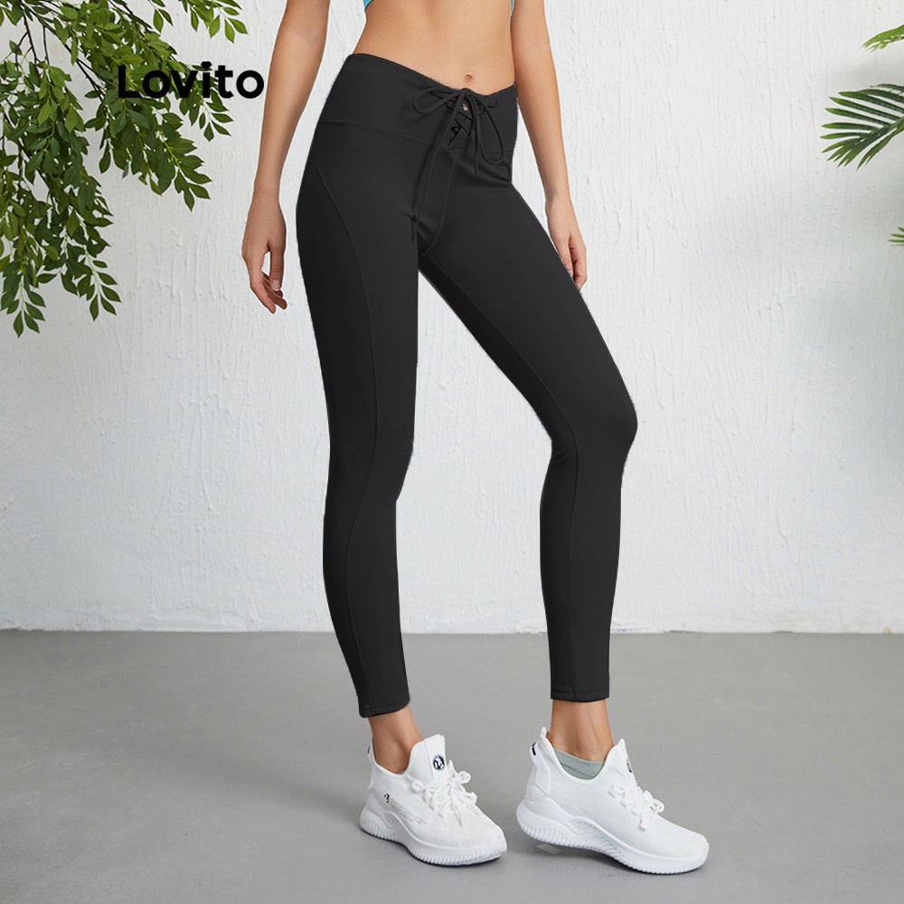 Quần legging thể thao Lovito L09011 dây rút thoải mái nhanh khô (màu đen/xanh dương)
