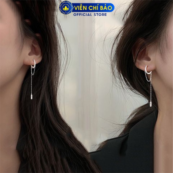 Bông tai bạc nữ móc tròn dây xích đính đá chất liệu bạc 925 thời trang phụ kiện trang sức nữ Viễn Chí Bảo B000037