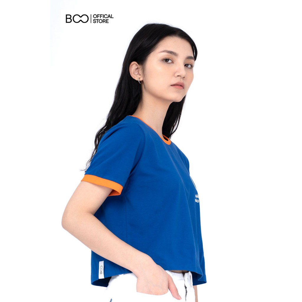 Áo Croptop Nữ BOO Form Rộng 100% Cotton Màu Xanh Coban Hottrends In Hình Bỏ EX Phối Viền Tay Cam