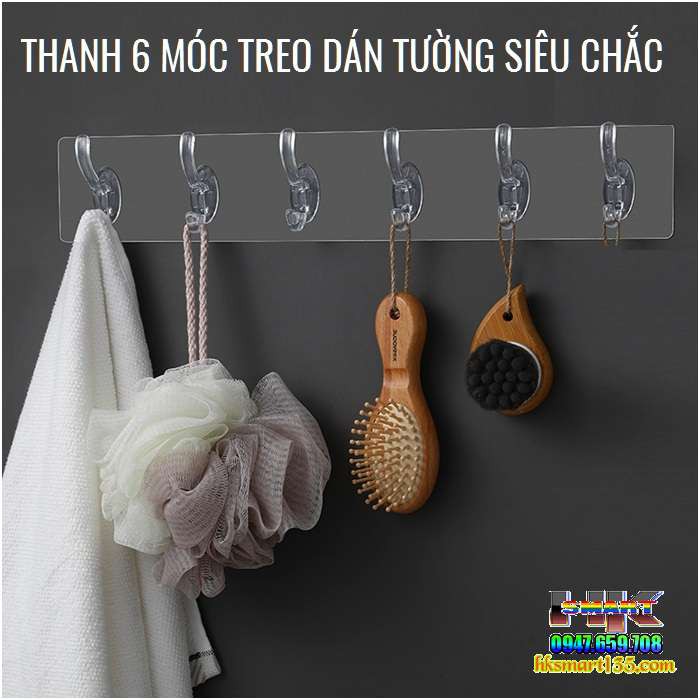 Thanh 6 móc treo đồ dán tường nguyên khối siêu dính chịu lực đa năng trong suốt