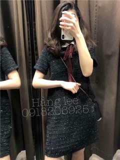Váy phối cổ sơ mi nơ đỏ