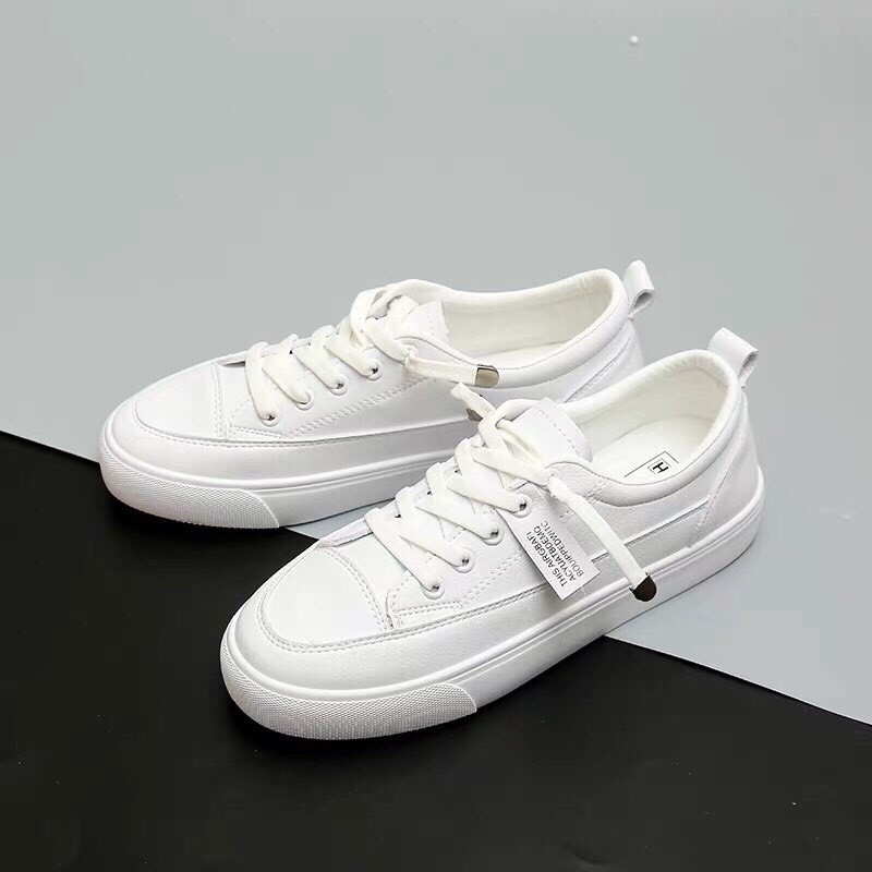 Giày sneakers nữ da mềm buộc dây đế bệt phong cách Hàn Quốc