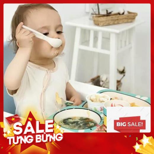 Bộ bát chén khay muỗng ăn dặm cho bé kiểu nhật 5 món đồ kèm thìa dĩa hình thú - bằng sợi tre an toàn FDA/EU