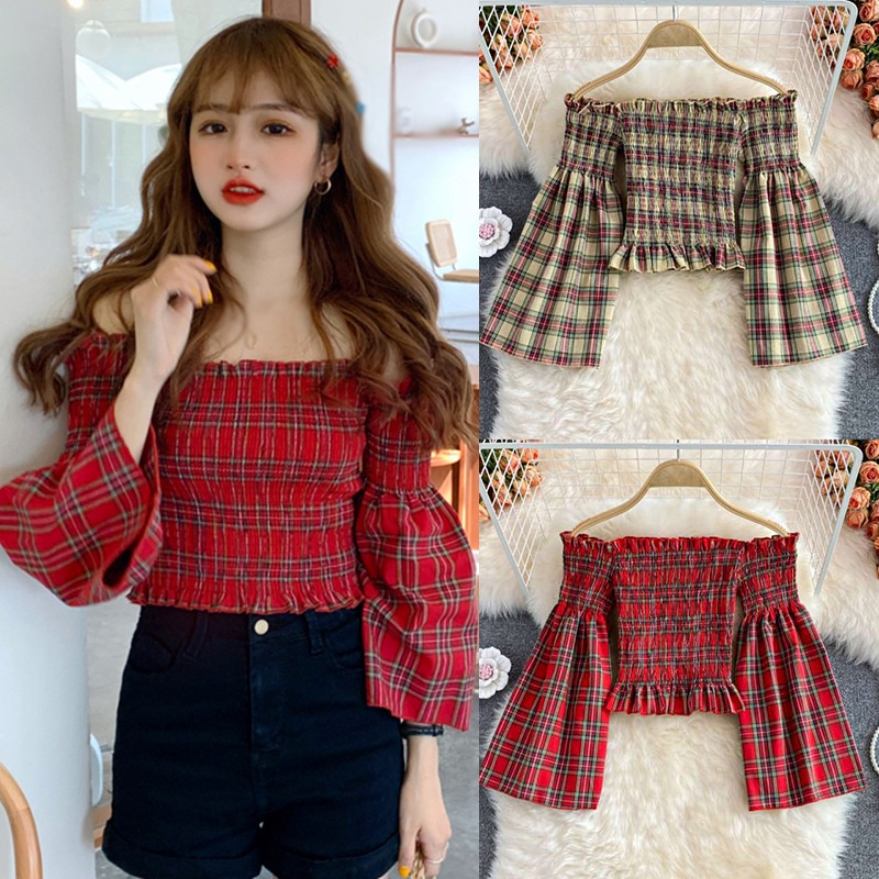 Áo croptop trễ vai tay loe họa tiết sọc caro phong cách Hàn Quốc quyến rũ cho nữ