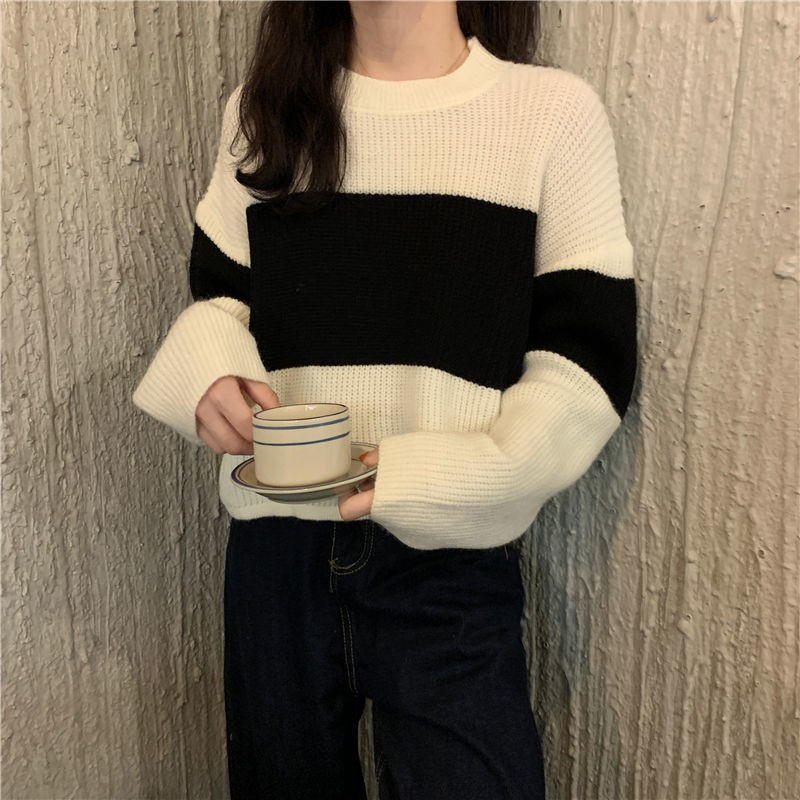 Áo Len Tay Dài Form Rộng Họa Tiết Kẻ Sọc Phong Cách Retro | BigBuy360 - bigbuy360.vn