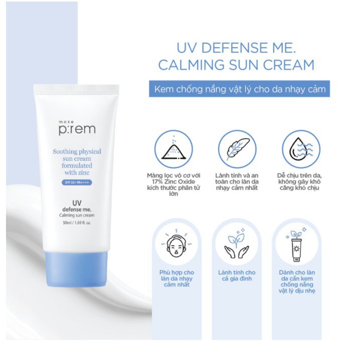 Kem Chống Nắng Vật Lý Make P:Rem UV Defense Me Calming / Make Prem Tone Up Make Prem Sun Cream 50ml Fluid 150ml