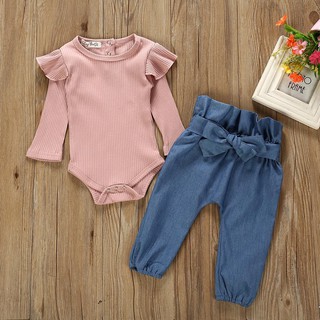 Set áo liền quần + Quần jeans dài + băng đô nơ dễ thương cho bé gái sơ sinh