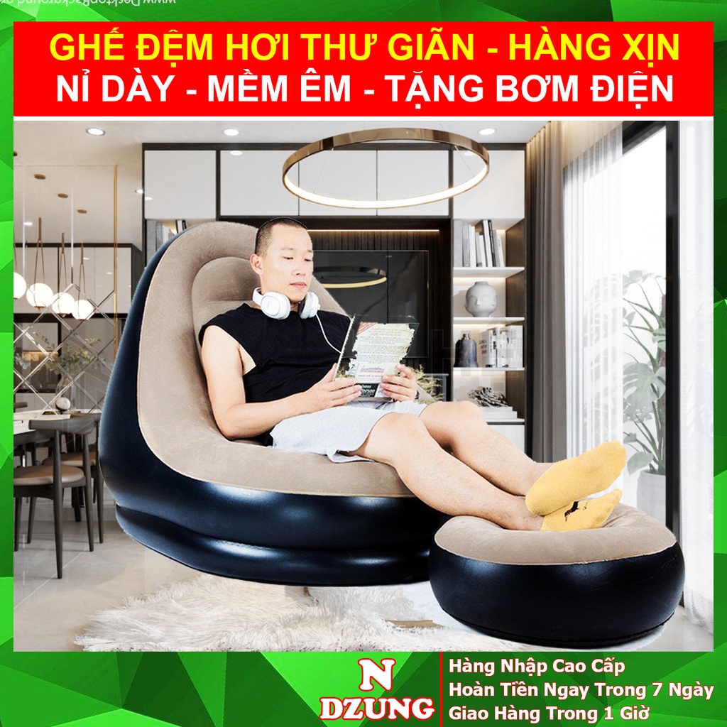 Ghế Hơi Tựa Lưng - Ghế Bơm Hơi - Lót Nhung Mềm Mại, Chất Liệu Dày, Hàng Cao Cấp Lâu Xì Khí - Tặng Bơm Điện