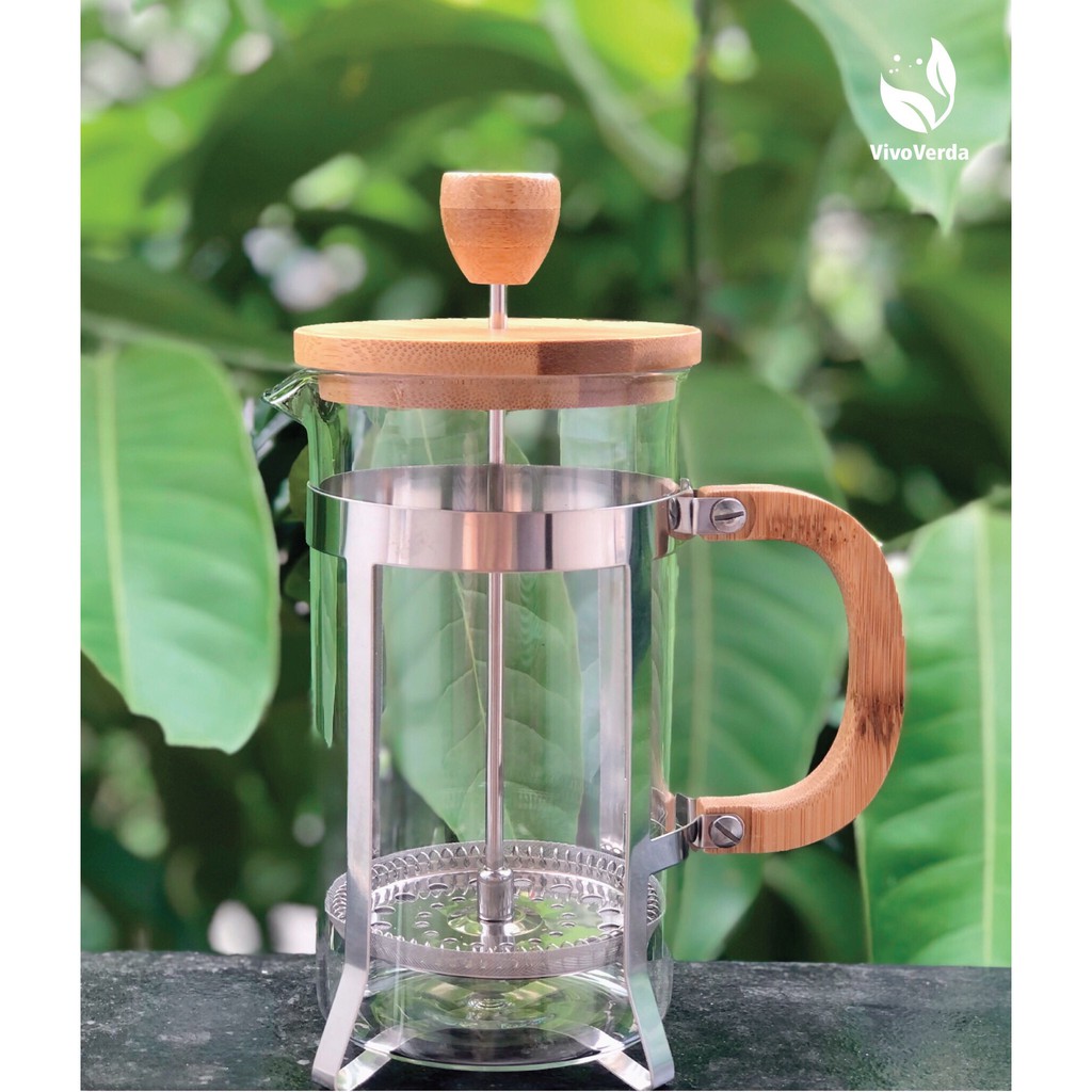 BÌNH PHA CAFE KIỂU PHÁP VỚI TAY CẦM VÀ NẮP BẰNG TRE 600ml/ ECO-FRIENDLY FRENCH COFFEE PRESS WITH BAMBOO LID AND HANDLE 6