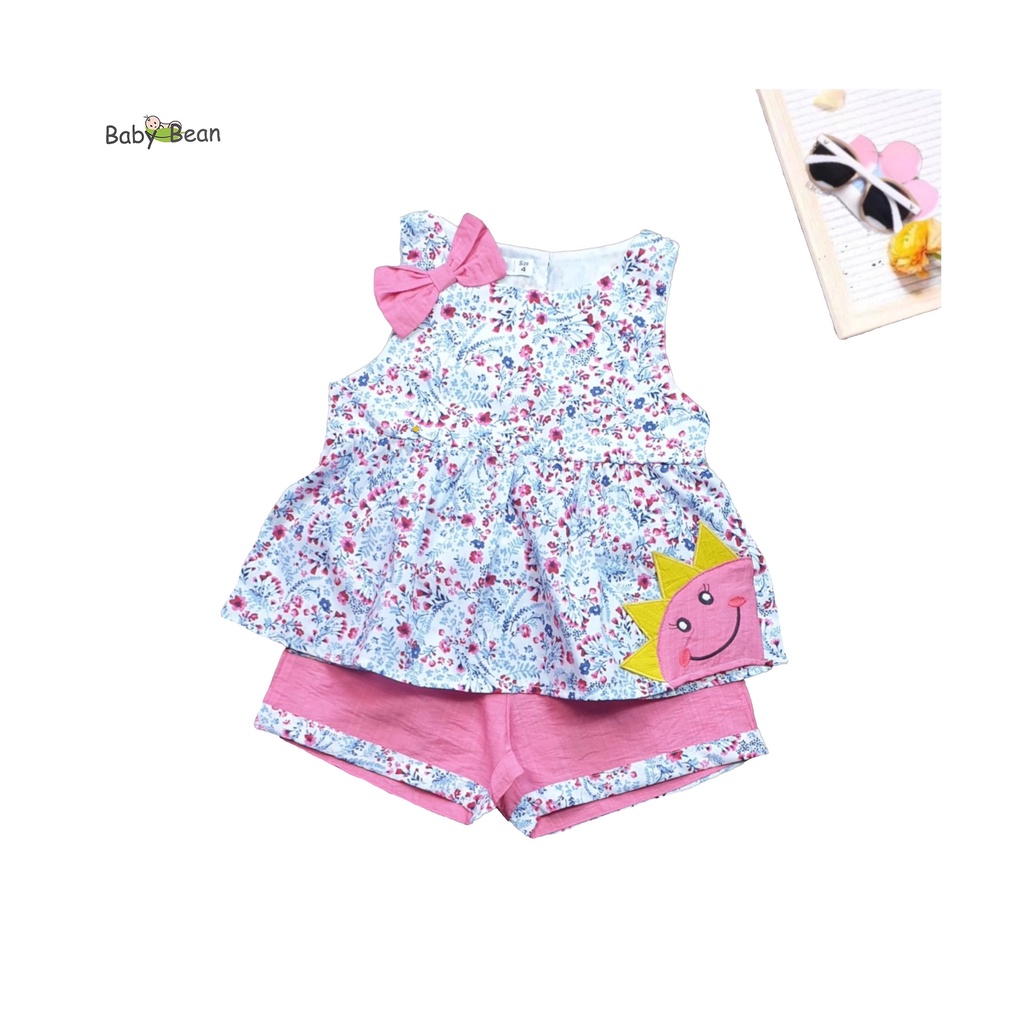 Bộ Đồ Cotton Hoa Thắt Nơ Thêu Mặt Trời Bé Gái BabyBean