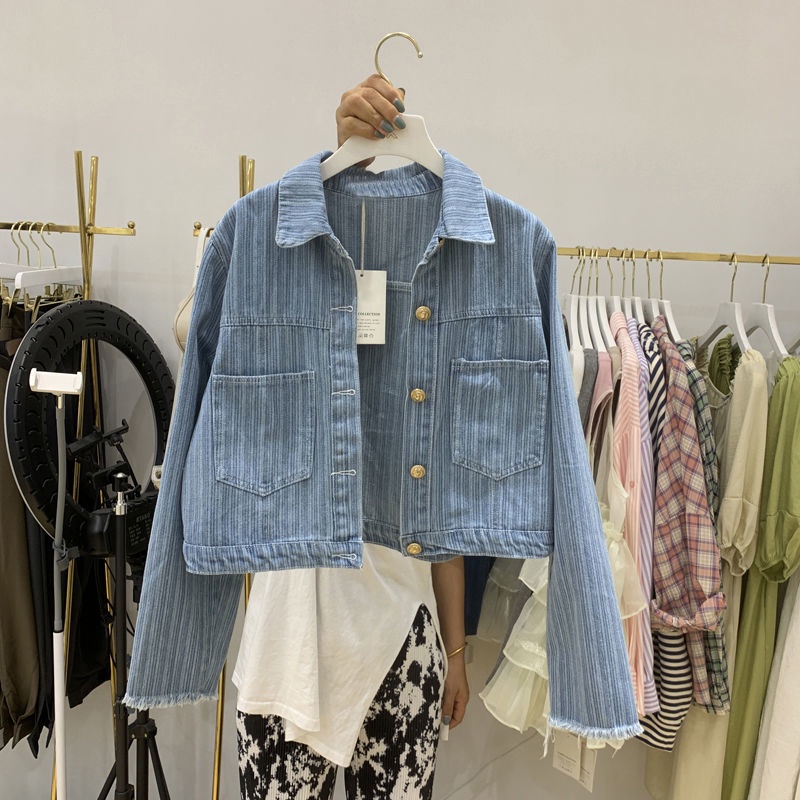 Áo Khoác Denim Ngắn Cổ Polo Viền Lông Kẻ Sọc Dọc Màu Xanh Nhạt Thời Trang Mùa Hè Cho Nữ