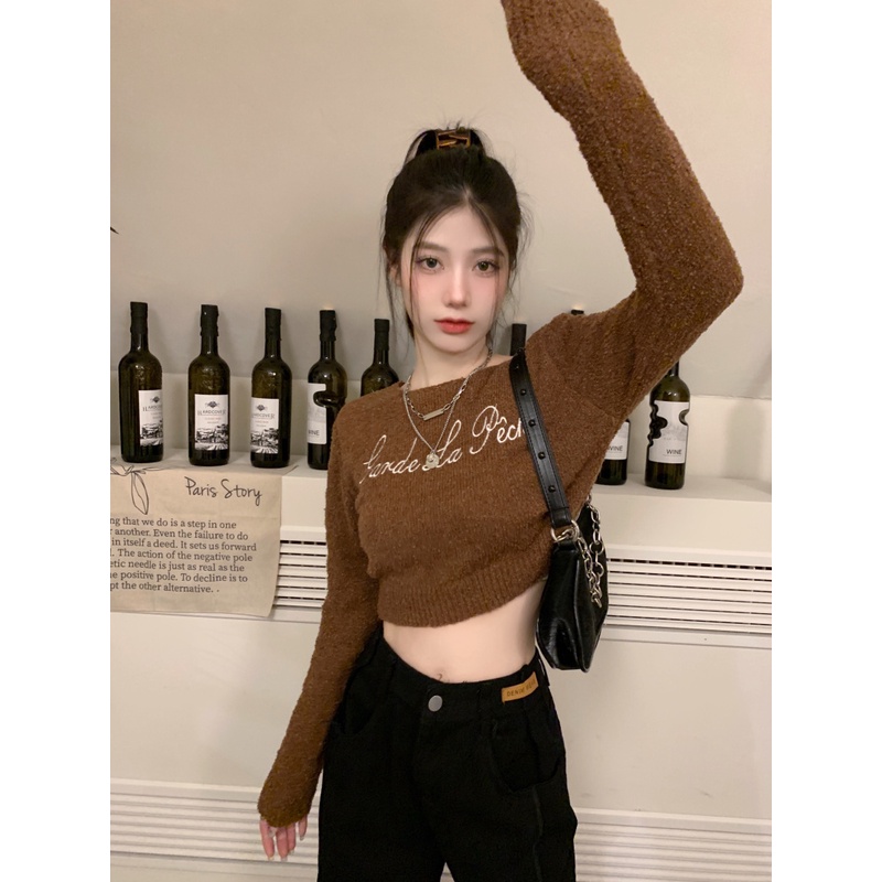 Áo sweater Dệt Kim Tay Dài Dáng Ôm In Họa Tiết Kiểu retro Hàn Quốc Thời Trang Mùa Thu Cho Bạn Gái