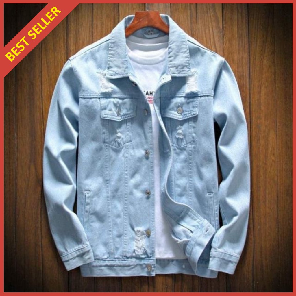 Áo Khoác Jean Nam Xanh Nhạt Rách Vai Phong Cách Trẻ Trung Năng Động