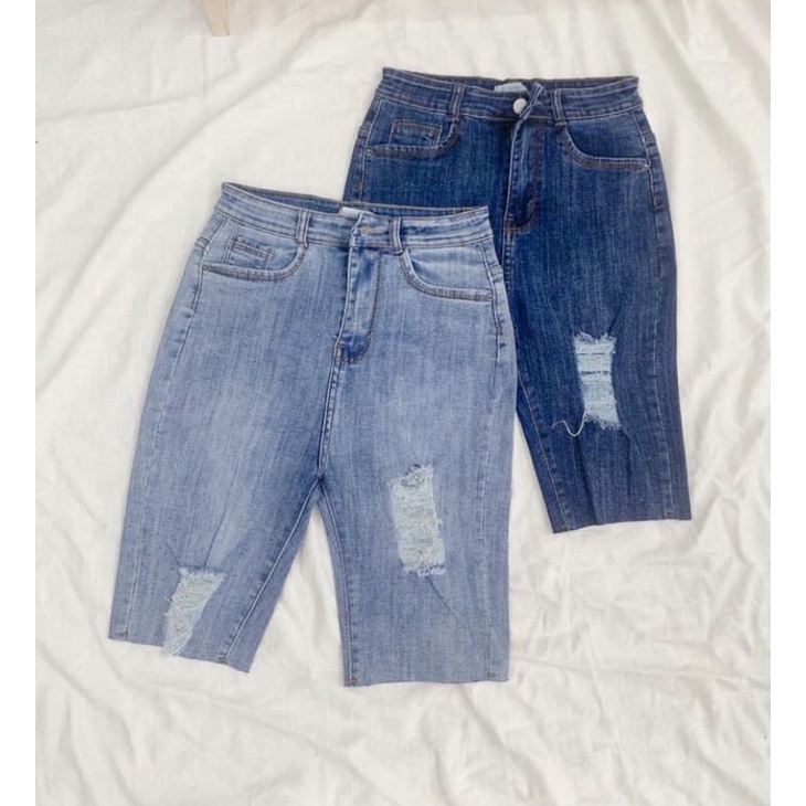 [Bigsize 32-36] Quần Ngố Jean Xanh Nhạt Rách Dài Tua Lai