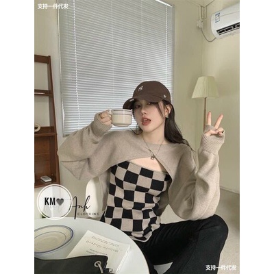 Sét áo 2 dây vạt kẻ ô + len khoác Quảng châu | BigBuy360 - bigbuy360.vn