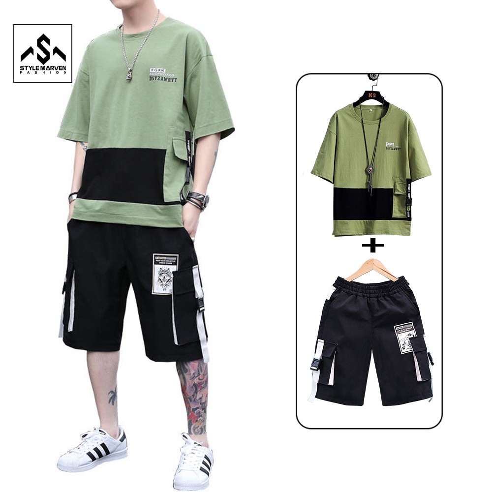 Bộ quần áo thun nam STYLE MARVEN áo sọc ngang ngắn tay mix quần short túi hộp cá tính - SET NAM 90000149