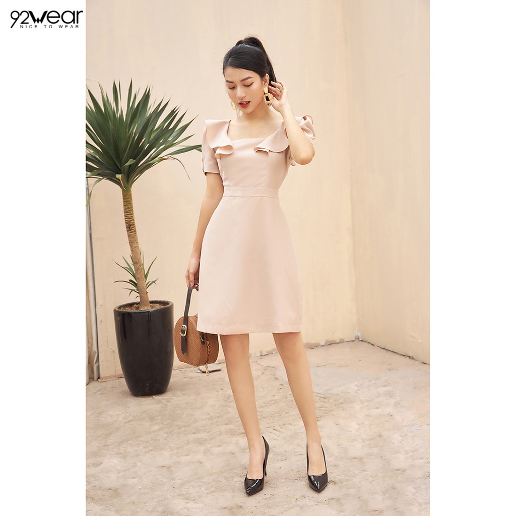 Đầm váy nữ công sở 92WEAR (2 MÀU) đủ size, dáng xòe bèo vai DEW0943