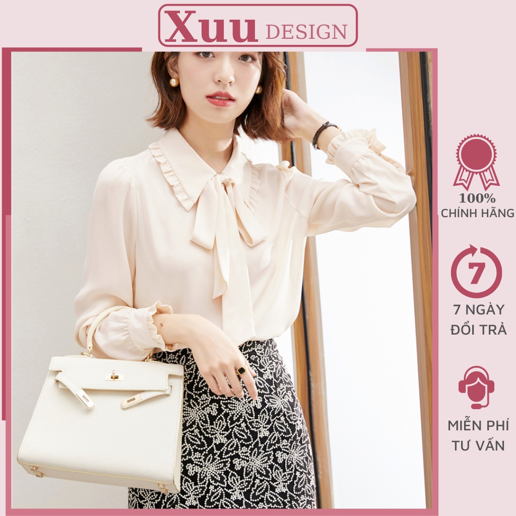Áo sơ mi nữ thắt nơ Xuu Design, Sơ mi kiểu dài tay công sở chất vải đẹp Xu03 Kem