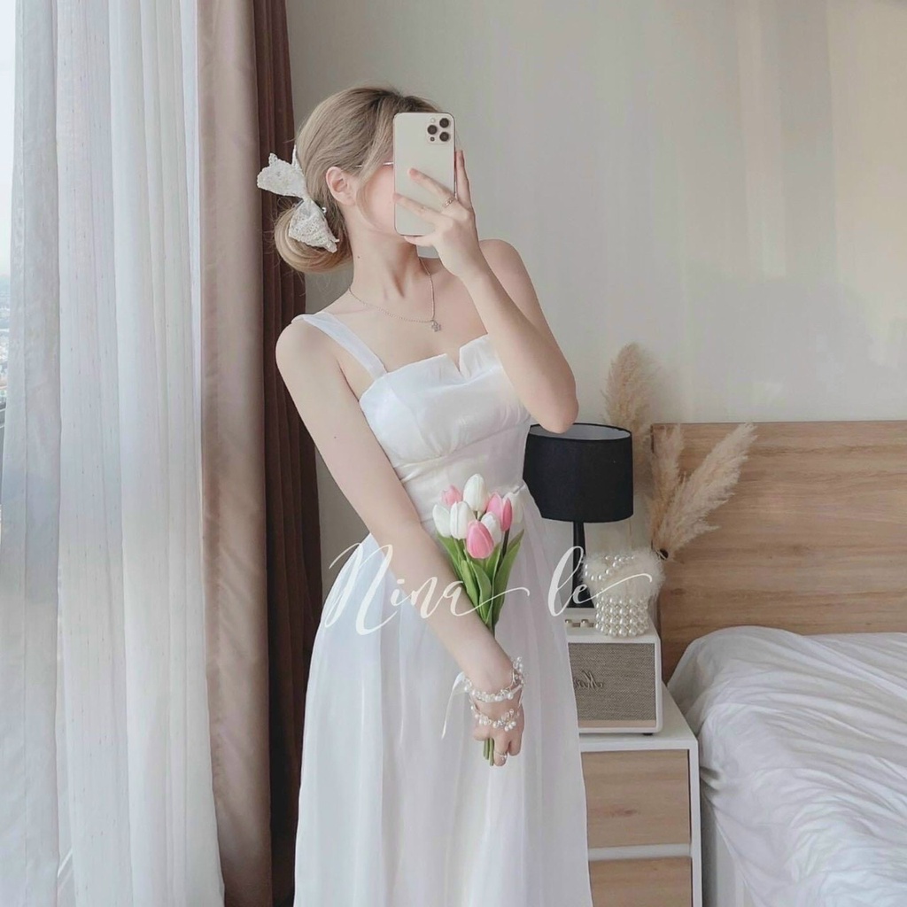 Váy đầm dự tiệc màu trắng 2 dây 2 lớp xòe xinh đẹp như công chúa
