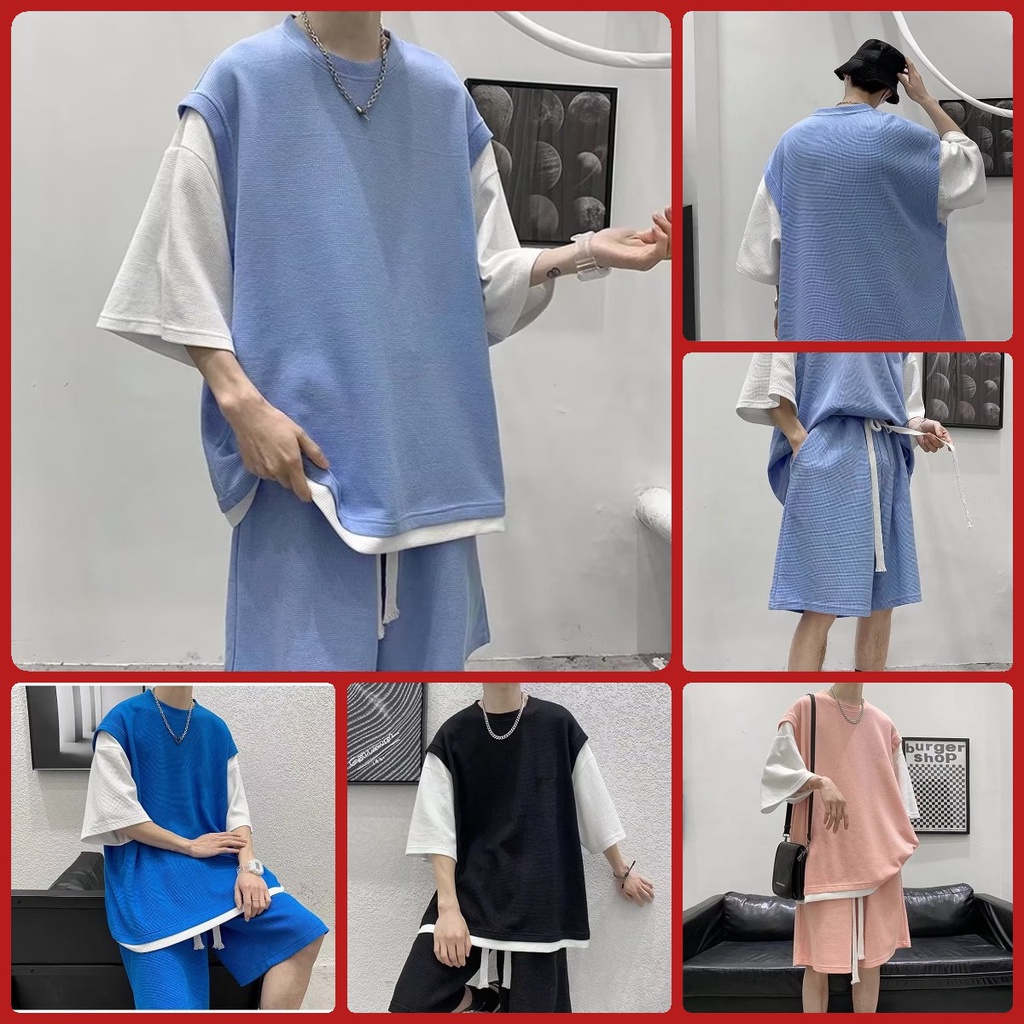 Set áo thun ngắn tay cổ tròn giả 2 lớp + quần short màu trơn phong cách thể thao Hàn Quốc unisex size lớn cho nam