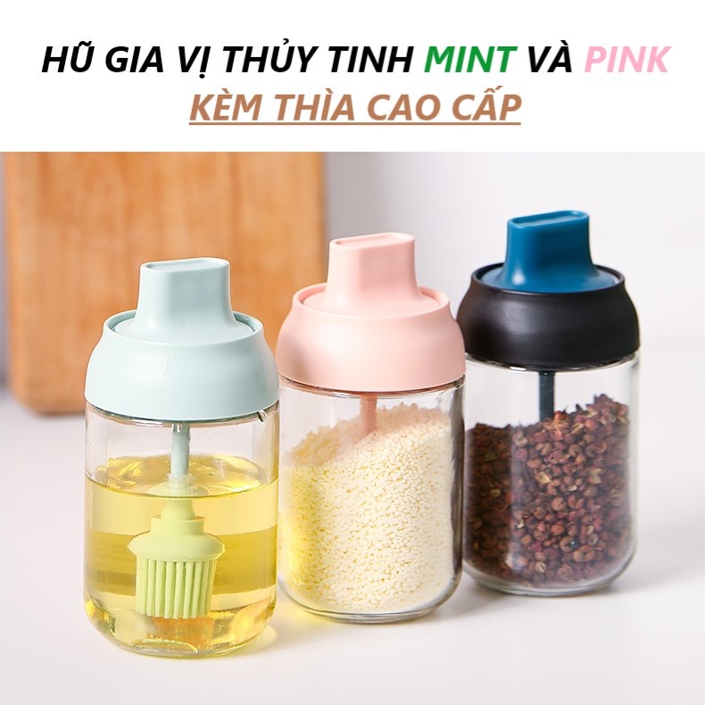 Hũ đựng gia vị thuỷ tinh Hũ gia vị kèm muỗng Lọ đựng gia vị 250ml hàng xịn mẫu mới màu Green và Pink sang trọng