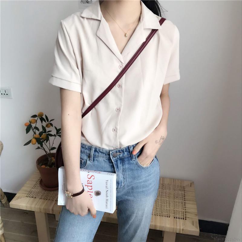 Áo cổ chữ V ngắn tay thanh lịch thời trang nữ