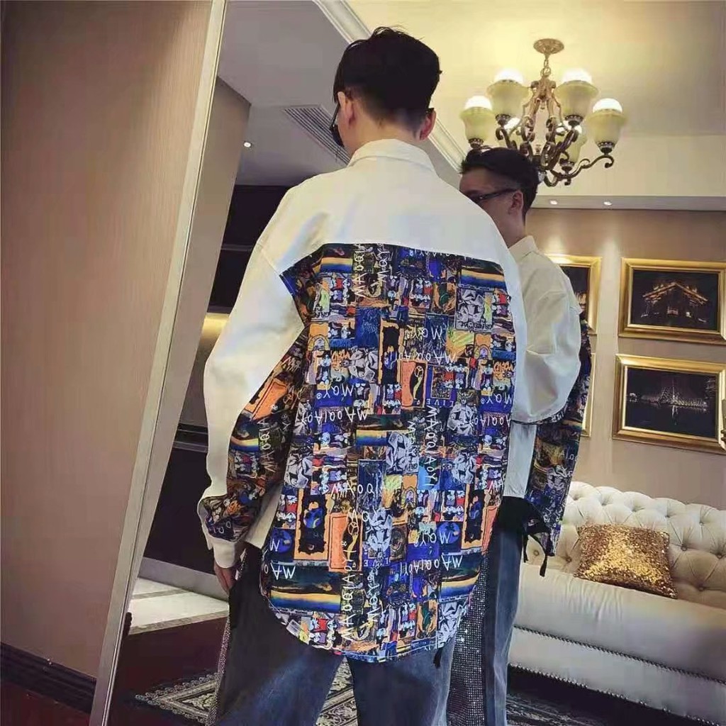 Áo sơ mi dáng rộng in họa tiết phong cách Hàn Quốc thời trang cho nam và nữ size M-2XL