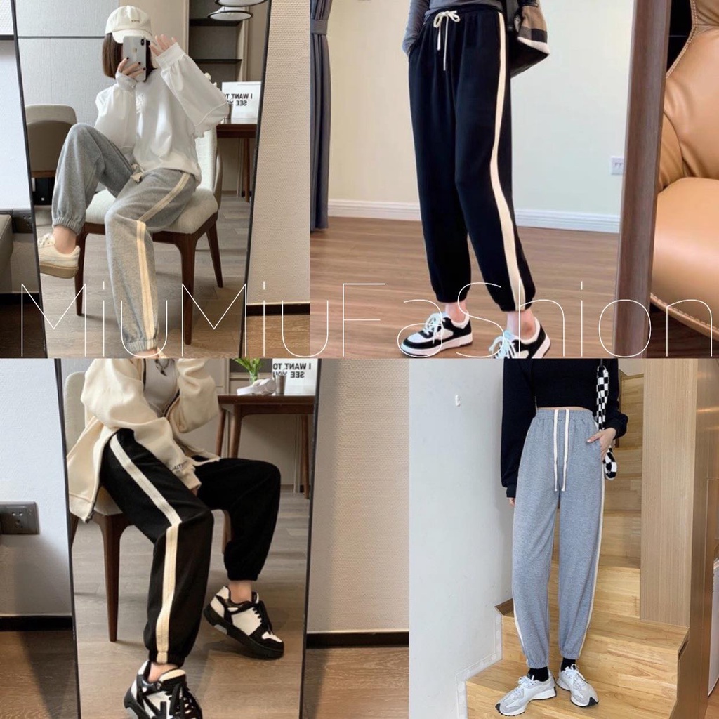 Quần ống rộng bom gấu- Quần jogger thể thao sọc trắng unisex mới