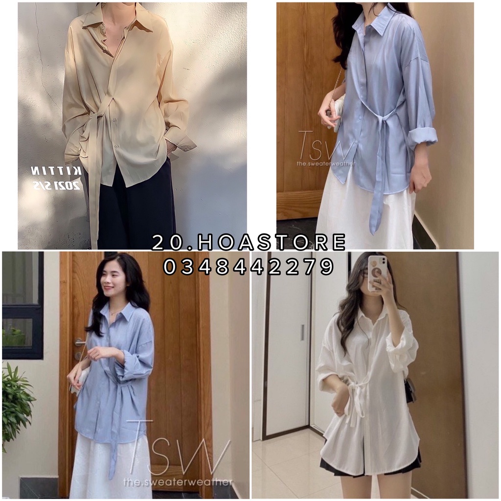 Áo Sơ Mi Buộc Nơ Eo Vải Đũi Trơn Có Dây Thắt Eo Tôn Dáng Freesize - Áo Sơ Mi Dài Tay Buộc Dây Chéo Cổ Đức 3 Màu