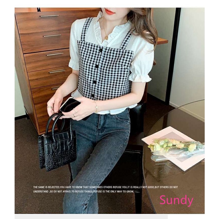 Áo Sơ Mi Ngắn Tay Cổ Chữ V Hoa Văn Kẻ Ô Thời Trang Mùa Hè Dành Cho Nữ