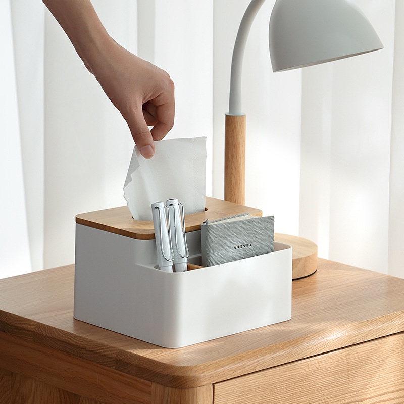 Hộp Đựng Giấy Ăn Mặt Gỗ Tre Có Ngăn Để Đồ Đa Năng, Hộp Khăn Giấy Decor Để Bàn Siêu Sang Trọng