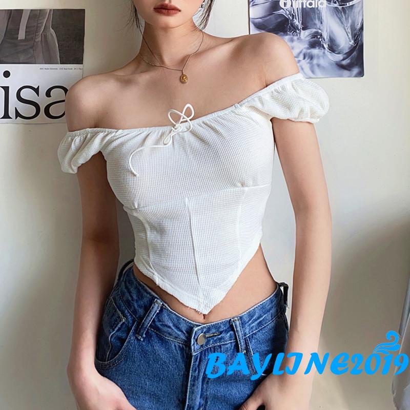 Áo Croptop Trễ Vai Tay Ngắn Dáng Ôm Màu Sắc Thời Trang Mùa Hè Cho Nữ