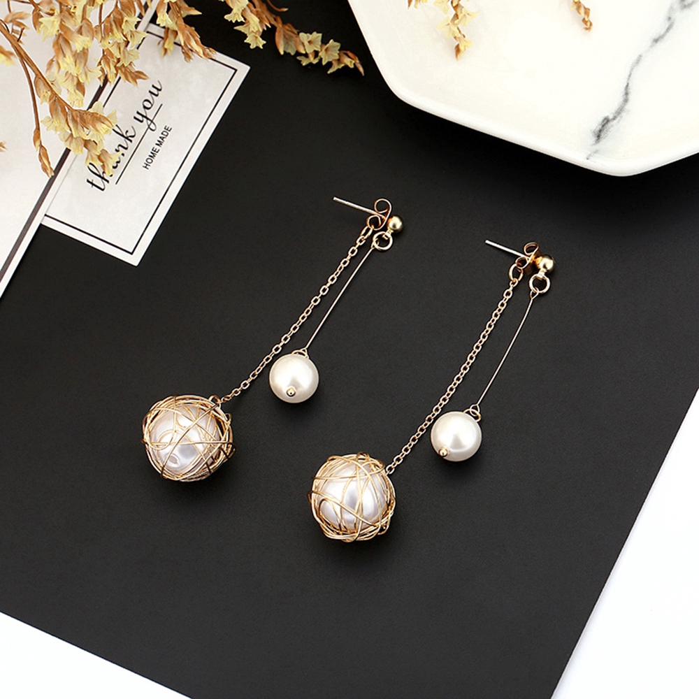 fashion Hollow Weaving Pearl pendant tassel dangle earring woman elegant charm party gold jewelry