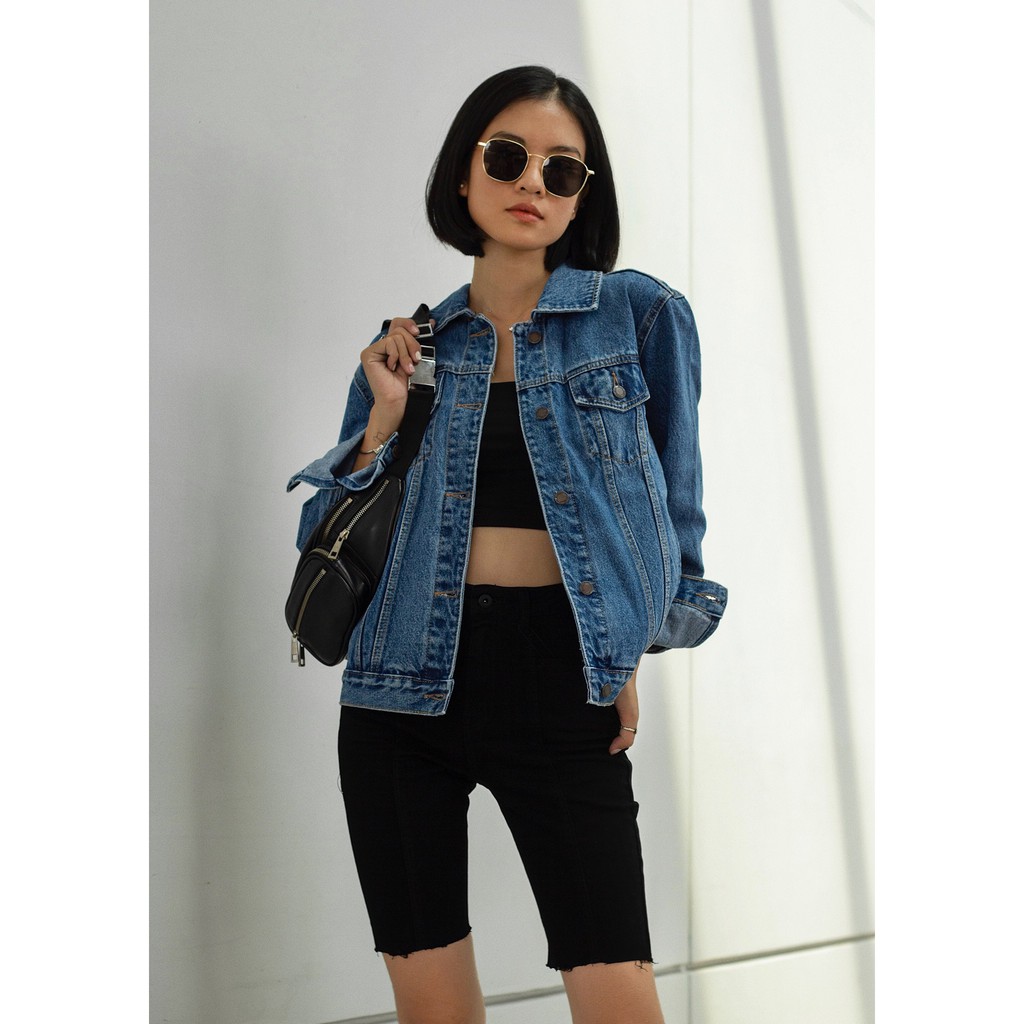 là min - Áo Khoác Denim Màu Xanh Đậm