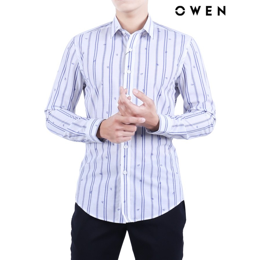 Áo sơ mi dài tay OWEN Bamboo Slimfit không túi màu trắng sọc - AS20866D