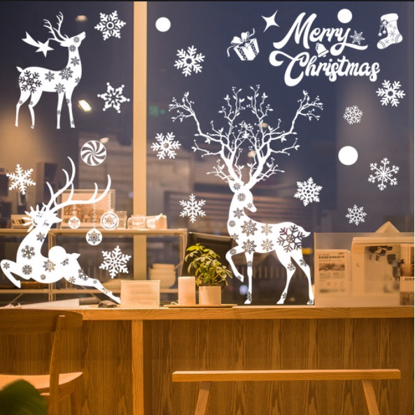 Decal dán tường Noel Hít Tĩnh Điện không Dơ Kính - Tuần lộc hoa tuyết trắng giáng sinh
