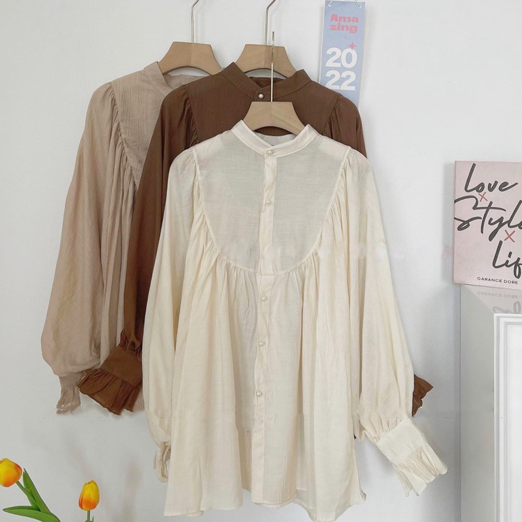 Áo sơ mi kiểu nữ Ulzzang, Áo sơ mi tay bèo phối khuy dáng rộng tiểu thư xinh xắn
