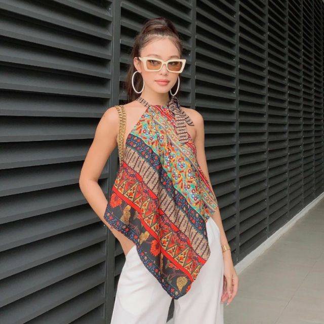 Set áo yếm thổ cẩm kèm quần đũi trắng ống rộng không nhăn