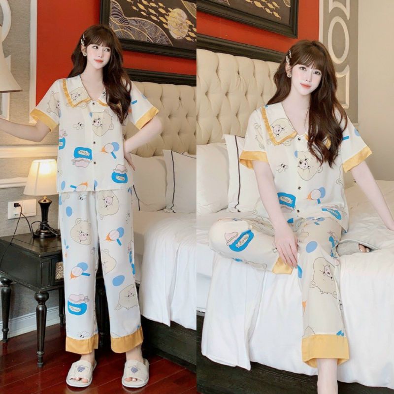 Bộ pijama tay ngắn quần dài cổ bèo tiểu thư lụa mango cao cấp