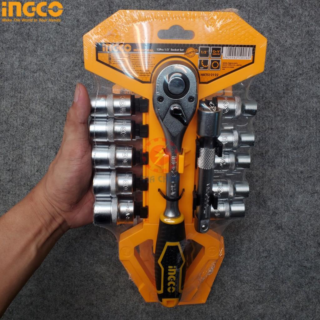 Bộ cờ lê 2 chiều tự động kèm 10 đầu tuýp 1/2&quot; INGCO HKTS12122 bộ cần siết lực 2 chiều thép Cr-V chống rỉ sét, bền cứng.