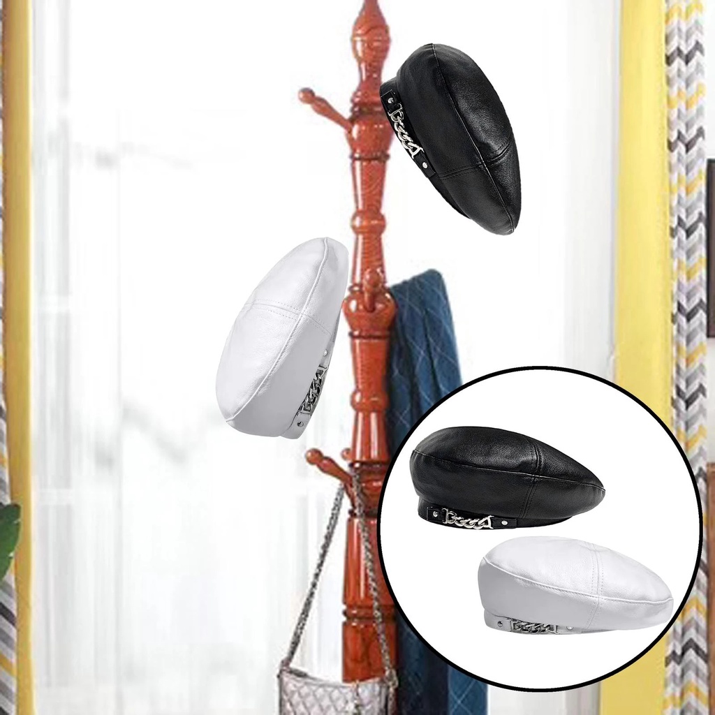 Mũ Beret Da Pu Phối Dây Xích Kim Loại Phong Cách Retro Anh Quốc Cá Tính