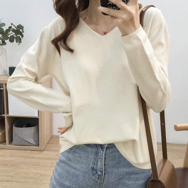 Áo Sweater Dệt Kim Tay Dài Màu Sắc Đơn Giản Dễ Phối Đồ Cho Nữ