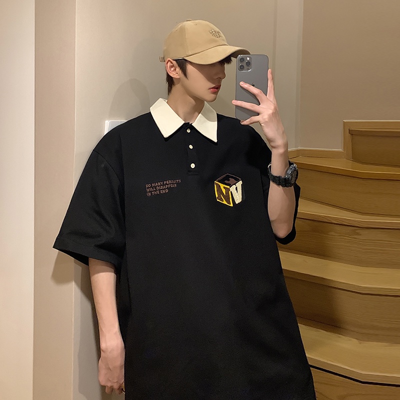 Áo Sơ Mi POLO Tay Ngắn Dáng Rộng In Chữ Thời Trang Hàn Quốc Cho Nam Size M-2XL