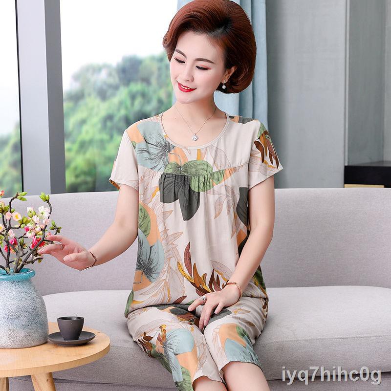 cotton lụa pijama nữ hai mảnh phục vụ tại nhà bằng vải thun mỏng ngày và ngắn cho người giàX