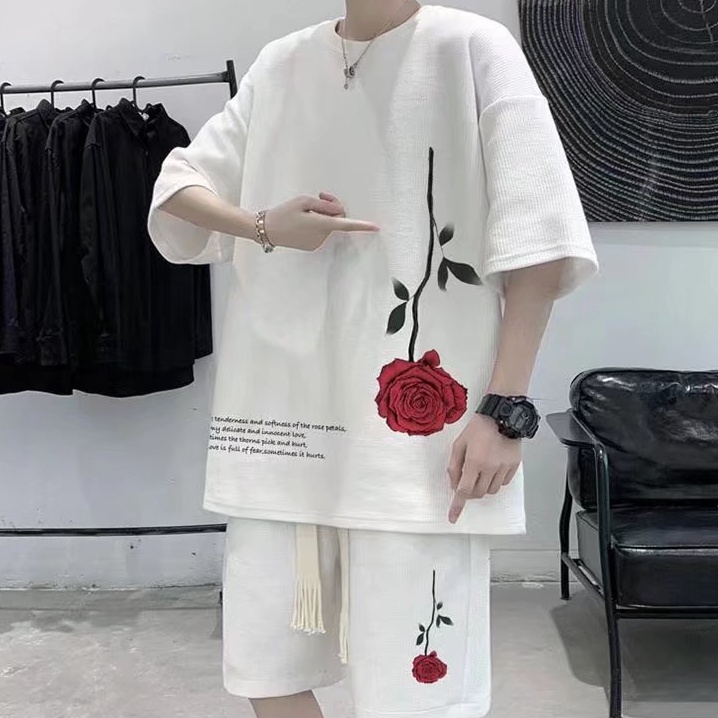 Set Áo Thun Tay Ngắn + Quần Short Hai Mảnh Họa Tiết Hoa Hồng Đơn Giản Thời Trang Mùa Hè Hàn Quốc Cho Nam Size M-3xl