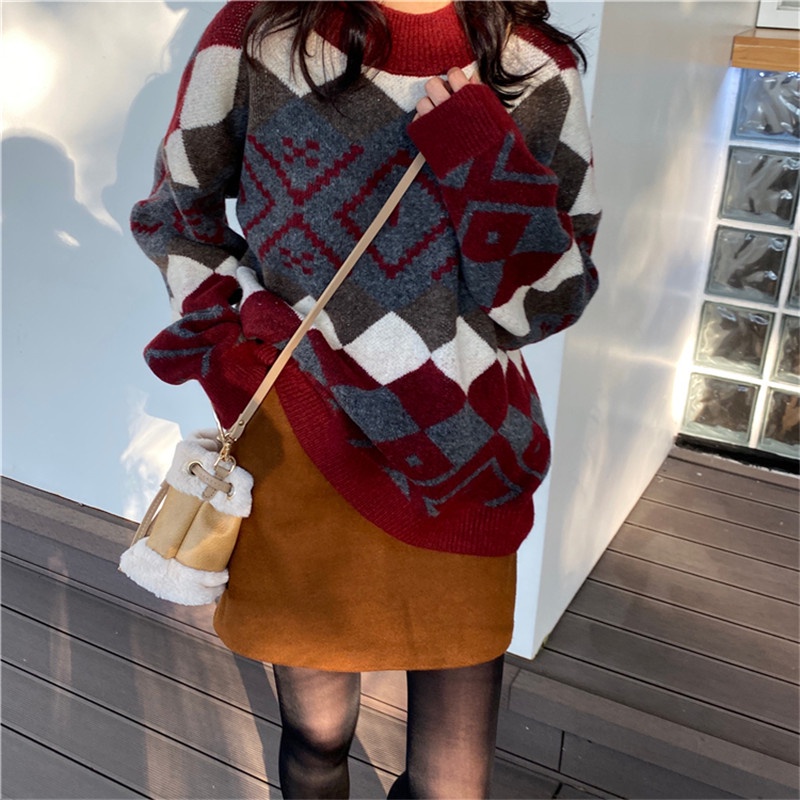 SUXI Áo sweater dáng rộng cổ cao họa tiết nhiều màu thời trang mùa thu cho nữ