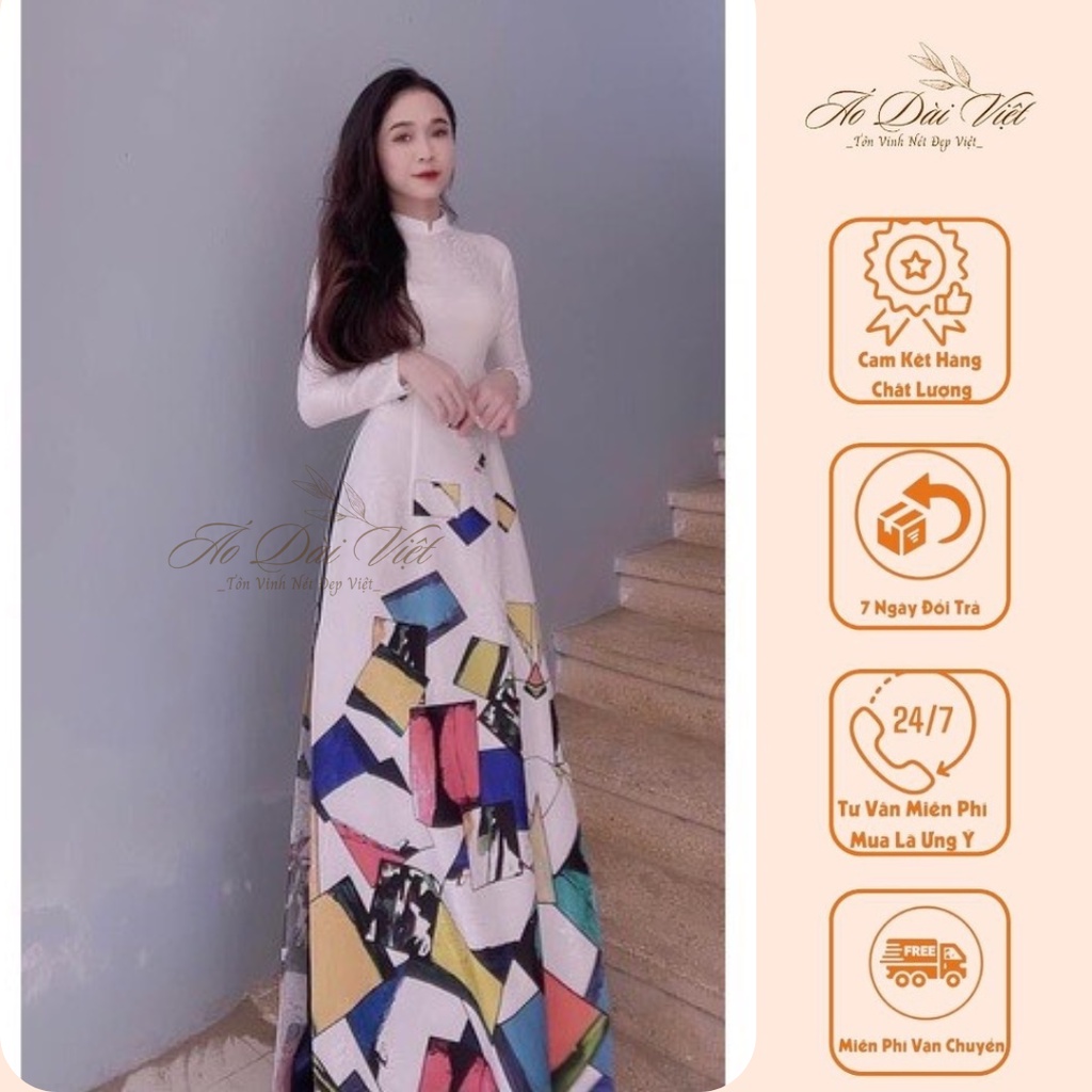 Áo Dài Trắng Thiết Kế Trẻ Trung Hiện Đại, Chất Liệu Lụa Vân Gỗ Cao Cấp, Không Nhăn, Không Xù