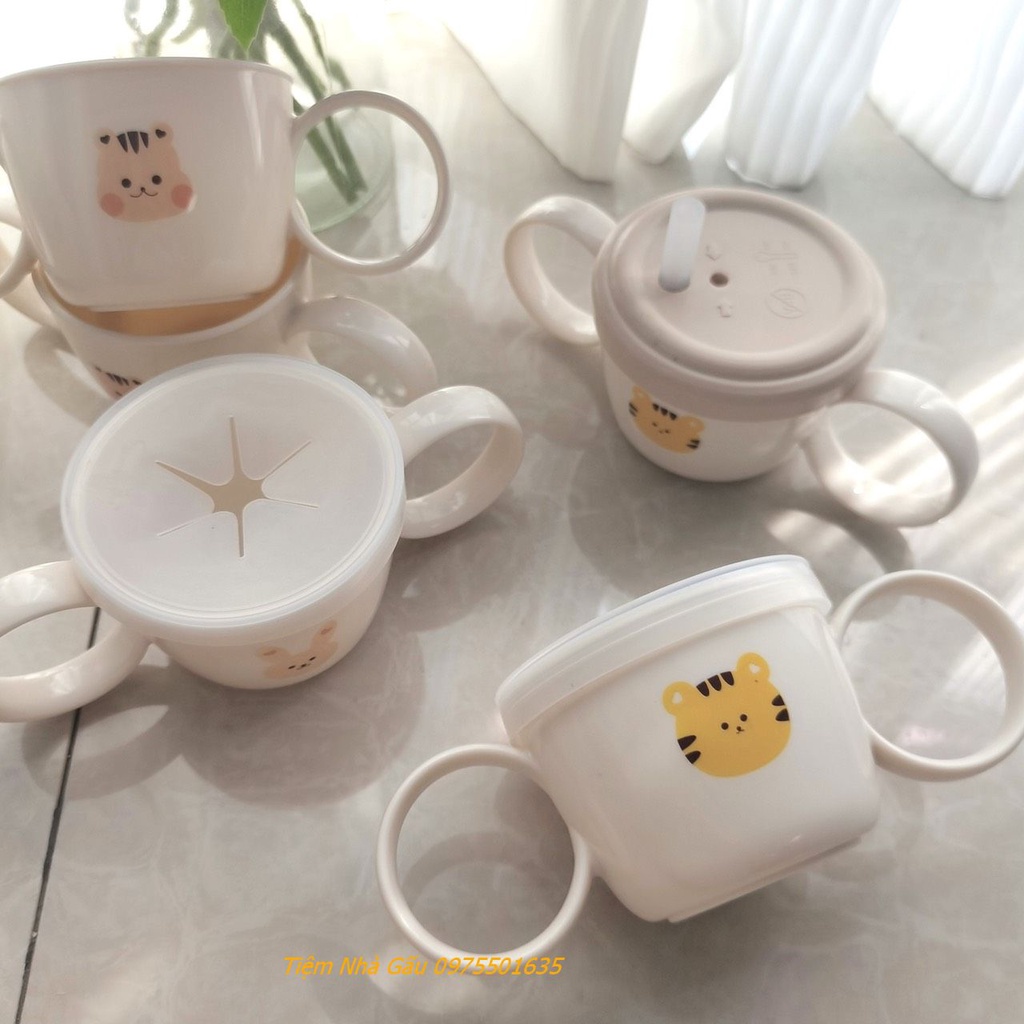 Cốc tập uống nước gấu thỏ tay cầm có 2 nắp thay thế cốc dùng cho bé ăn dặm kèm ống hút và cọ rửa ống hút