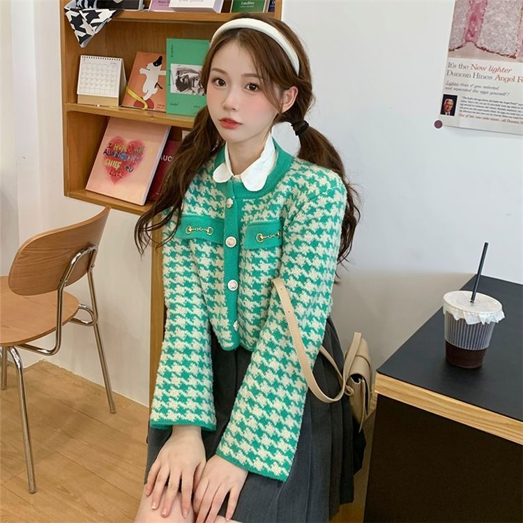 Xiaoxiangfeng Áo Khoác Cardigan Dệt Kim Eo Cao Màu Sắc Tương Phản Phong Cách Phương Tây Thời Trang Thu Đông Hàn Quốc Dành Cho Nữ