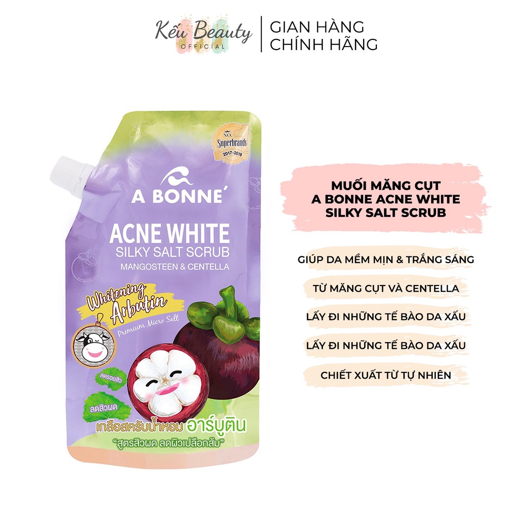 Muối tắm tẩy da chết giảm mụn trắng da A Bonne Acne White Silky Salt Scrub măng cụt và Centella 350g (Có vòi)